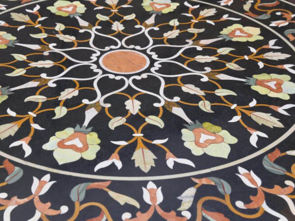Black Marble Round Table with Floral Pietradura Inlay – Order Now